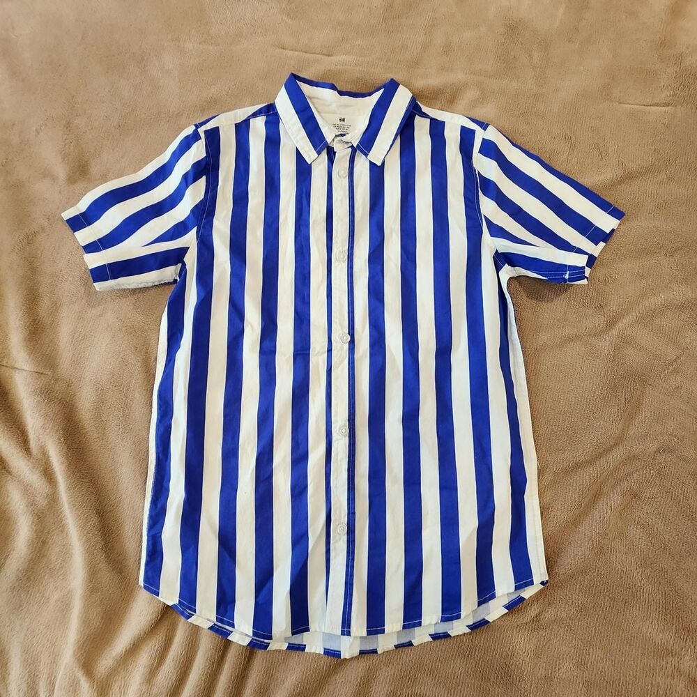H&M Boys Blue & White Striped Button Up Shirt - Size 8Y - Classic Summer Preppy